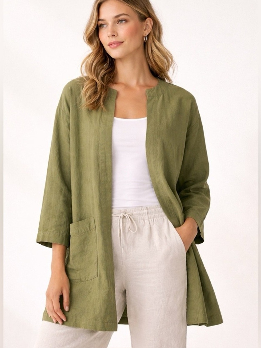 Eileen Fisher Collarless Organic Cotton Cross-Dyed Long Jacket Olive Green Fall